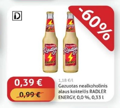Gazuotas nealkoholinis alaus kokteilis RADLER ENERGY, 0,0 %