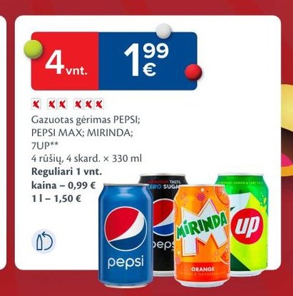 Gazuotas gėrimas PEPSI; PEPSI MAX; MIRINDA; 7UP**