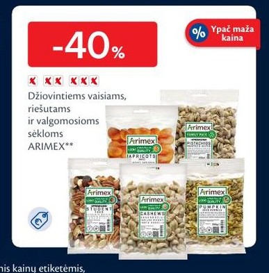 Džiovintiems vaisiams, riešutams ir valgomosioms sėkloms ARIMEX**