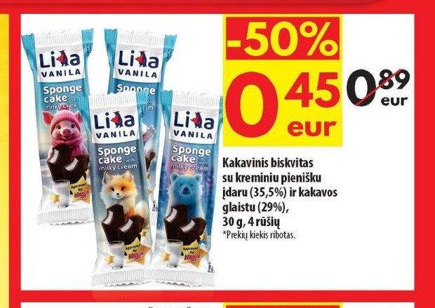 Kakavinis biskvitas su kreminiu pienišku įdaru (35,5%) ir kakavos glaistu (29%)