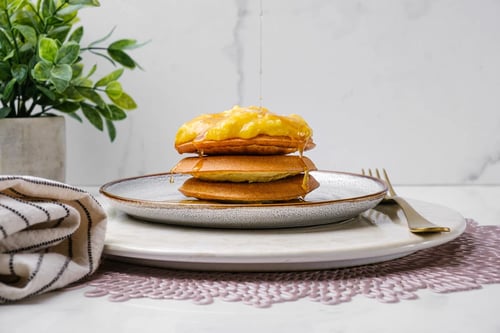 Lemon Ricotta Pancakes with Mango Coconut Compote