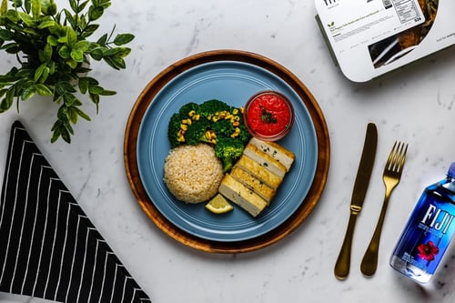 Red Pepper Tofu Steak with Corn and Broccoli