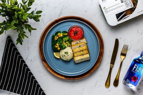 Red Pepper Tofu Steak with Corn and Broccoli