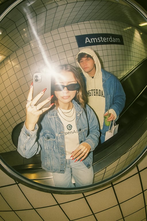 Create a gritty fisheye mirror photo in the Amsterdam metro