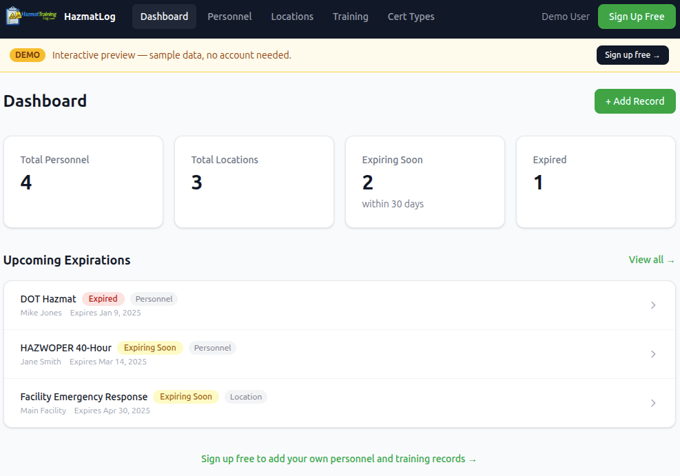 Hazmat Training Log screenshot 1