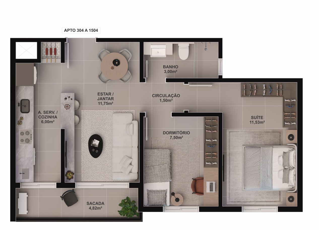 Tipologia 2, planta de Apartamento no Renascença com 2 dormitórios e sacada