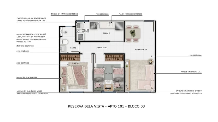 Planta - Apto. 101 - Bloco 3, planta de Residencial Reserva Bela Vista