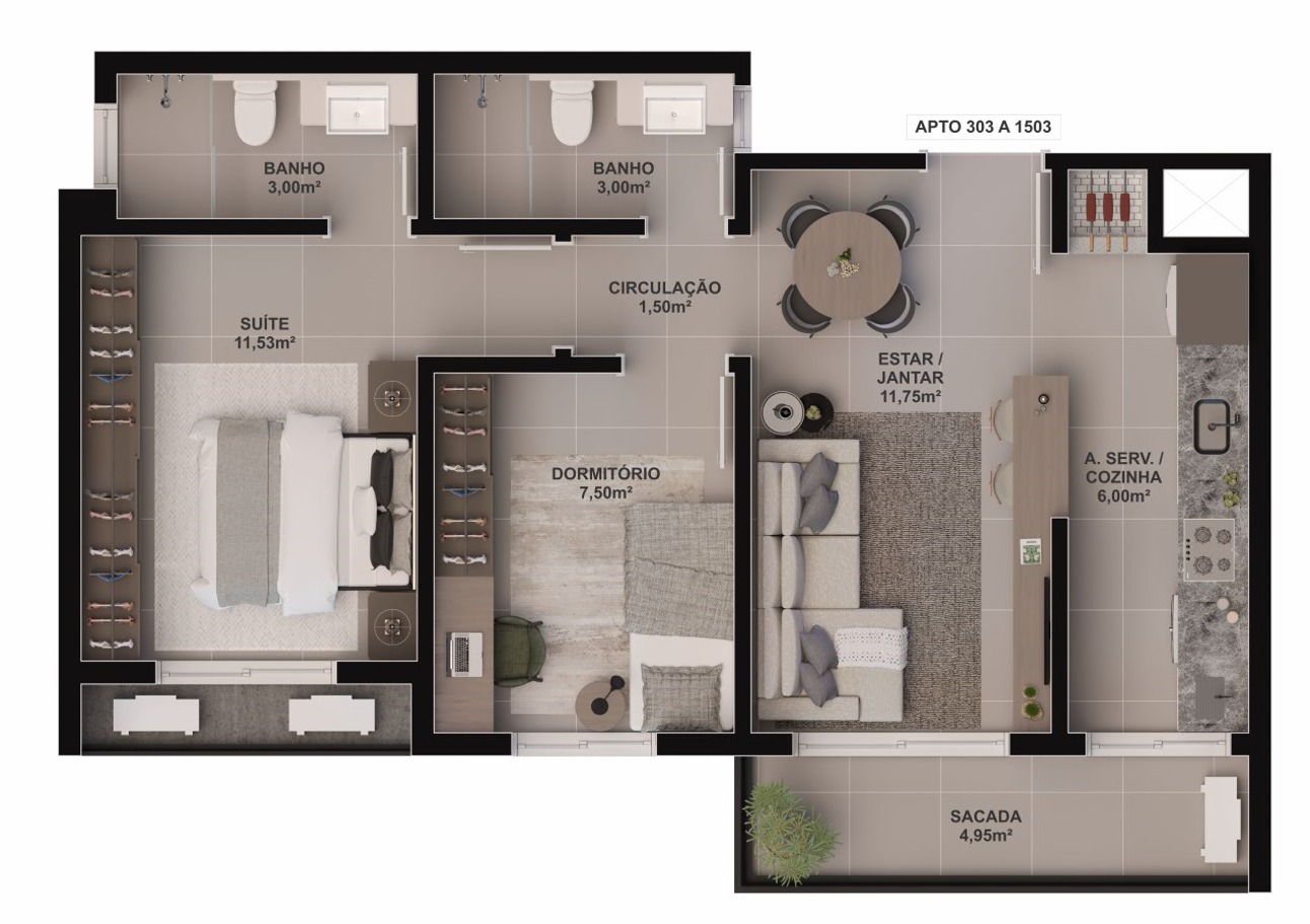 Tipologia 3, planta de Apartamento no Renascença com 2 dormitórios, suíte e sacada