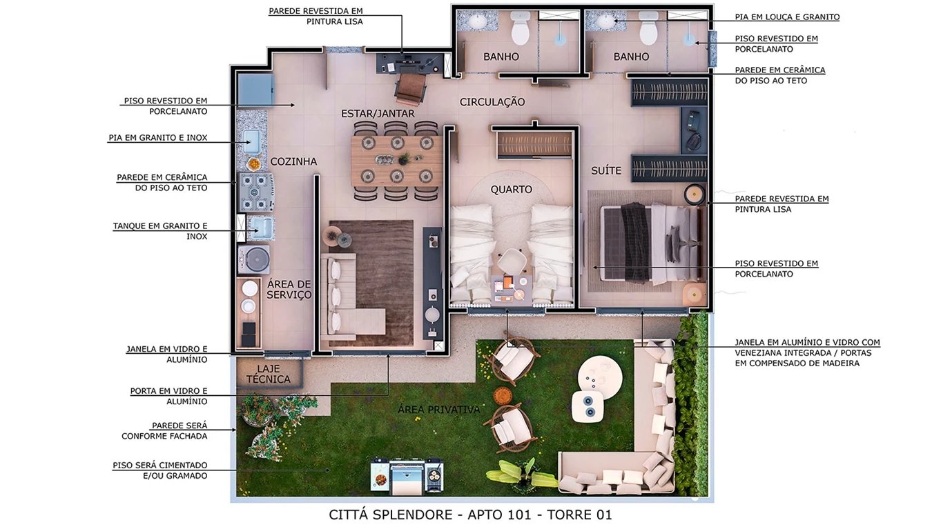 Planta - Apto. 101 - Torre 1, planta de Residencial Cittá Splendore