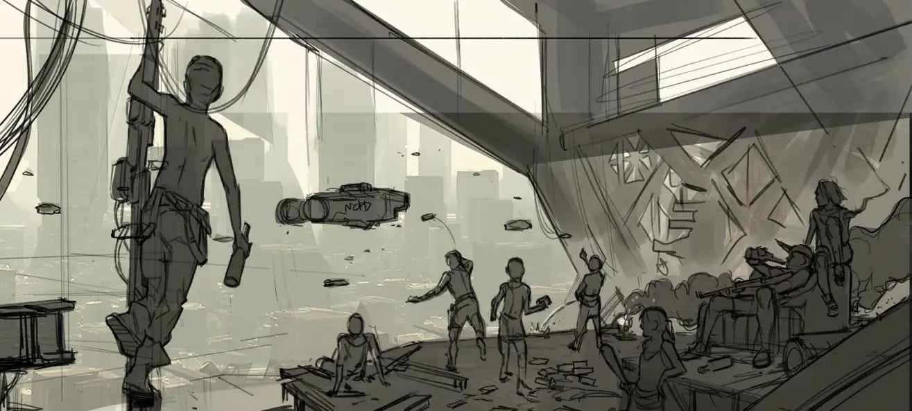 An early concept sketch of a scene from Cyberpunk