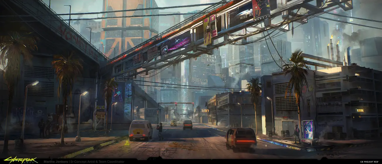 Cyberpunk concept art of cars driving through a futuristic city