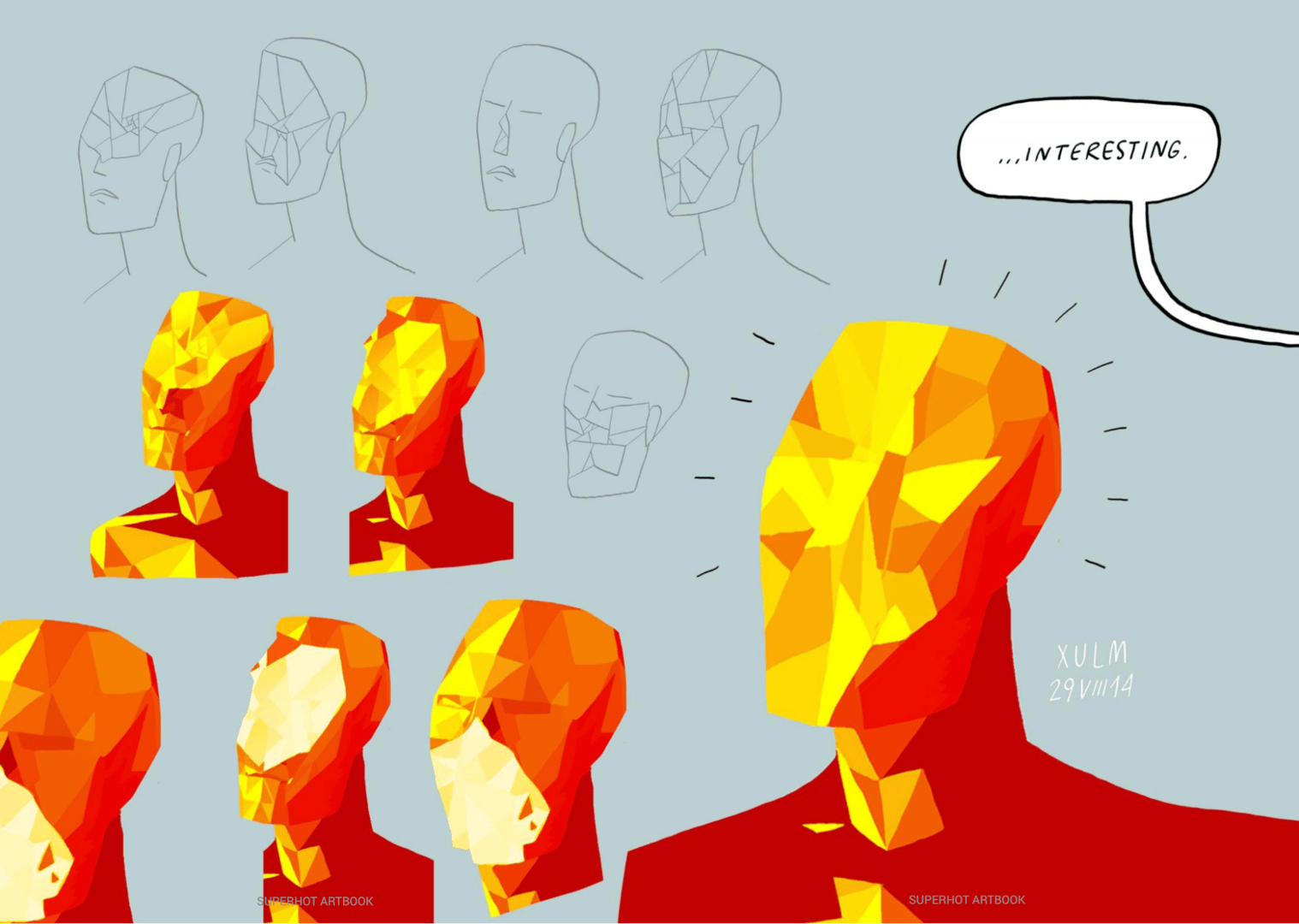 Character concept art from superhot showing various face shapes and expressions