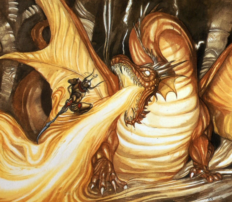Concept painting of a warrior fighting a dragon from Final Fantasy