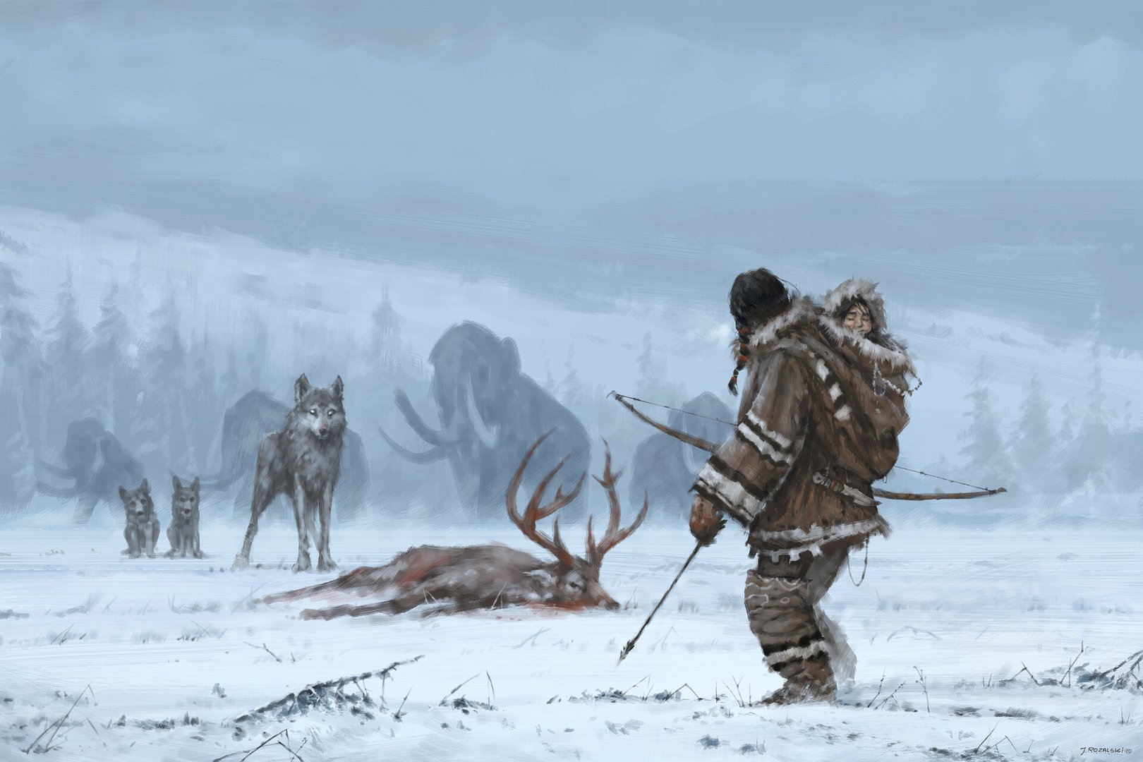 Concept art by Jakub Rozalski of woman hunting with child