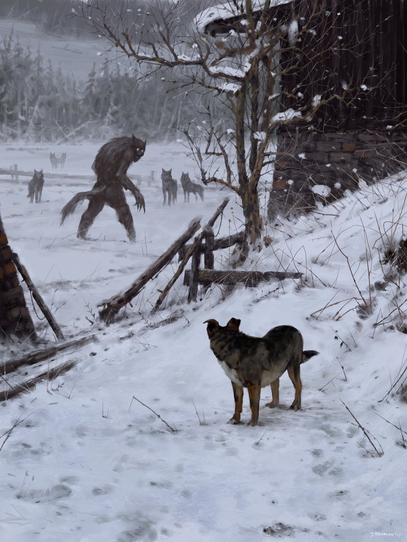 Werewolf concept art by Jakub Rozalski