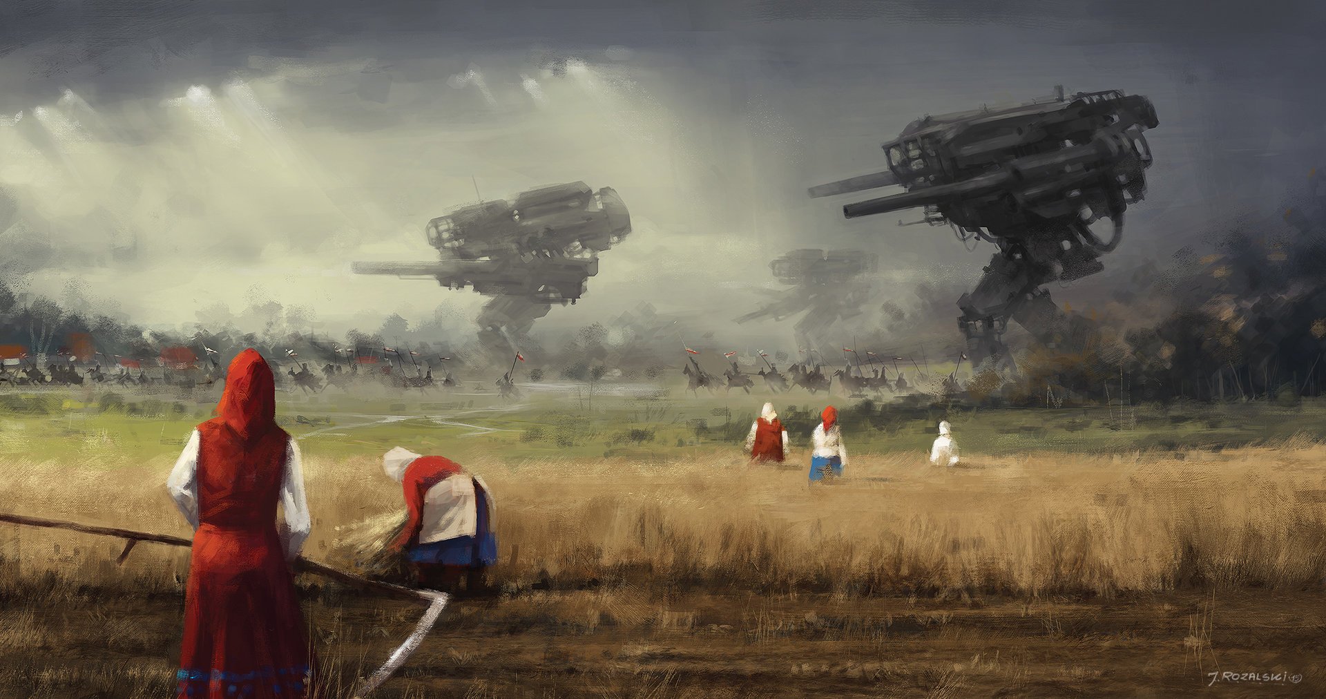 Concept painting of farmers in a rural landscape with mechs in the background