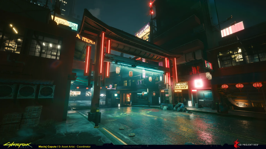 Concept art of a neon cityscape from Cyberpunk 2077