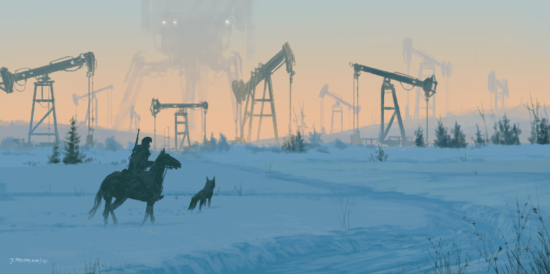 Scythe Concept Art of frozen landscape by Jakub Rozalski