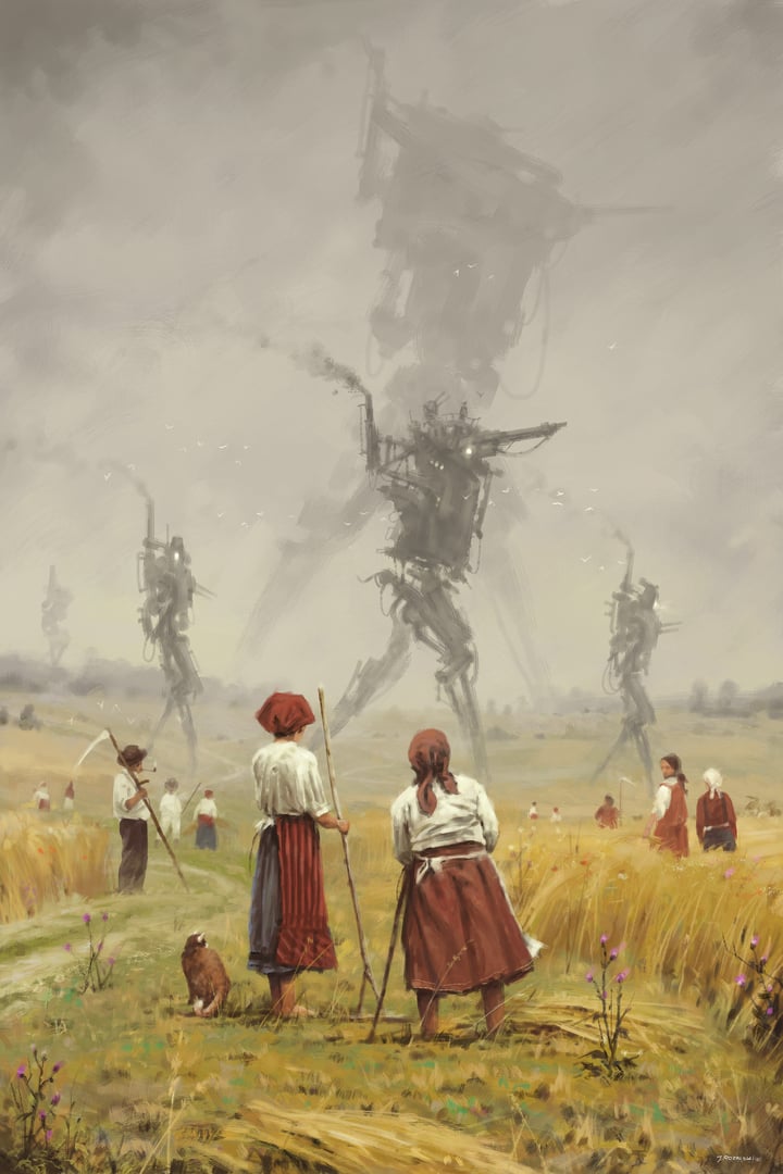 1920+ Art by Jakub Rozalski of farmers with mechs in the background