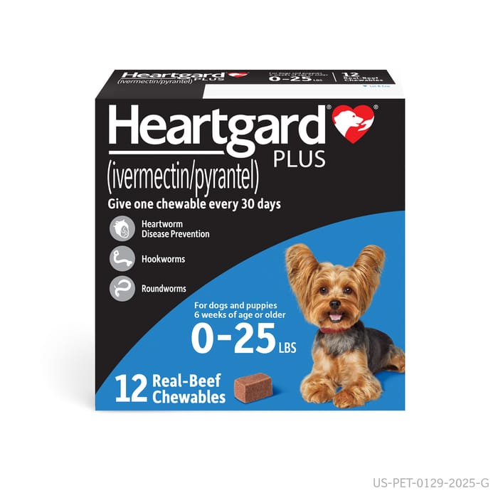 HEARTGARD® Plus (ivermectin/pyrantel) Real-Beef Chewables for Dogs - Up to 25 lbs (Blue Box) 12 Month Supply of Chews (Heartworm Disease Preventive) product detail number 1.0