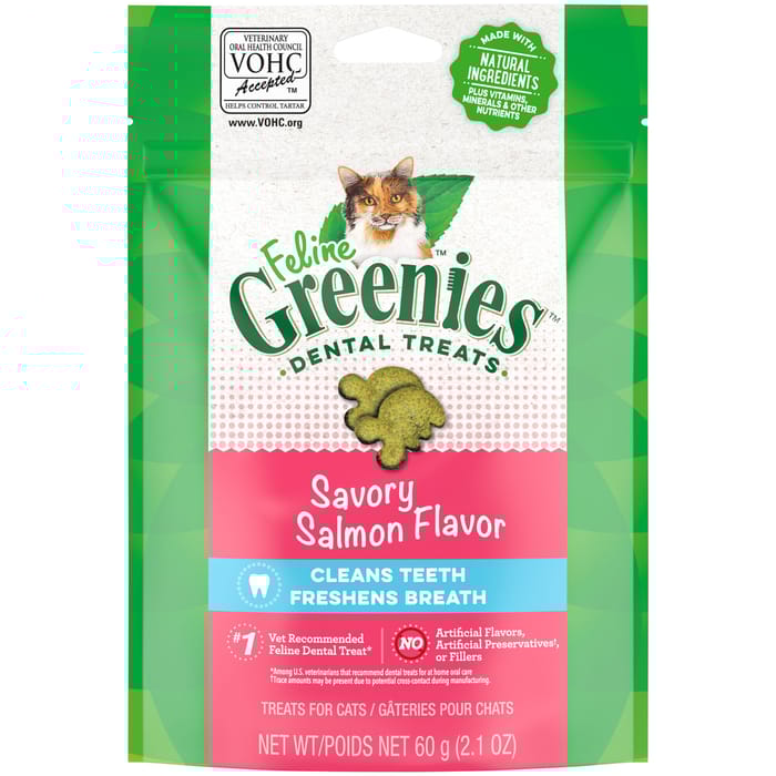 Greenies Adult Dental Cat Treats Savory Salmon Flavor 2.1 oz Pouch product detail number 1.0