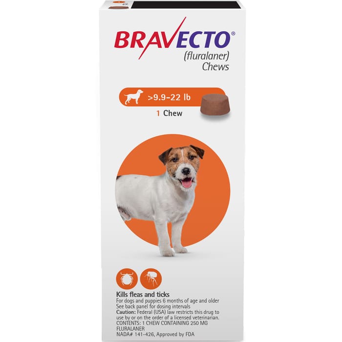 Bravecto Chews for Dogs, 10-22 lbs, 2 treatments, 250 mg Fluralaner product detail number 1.0
