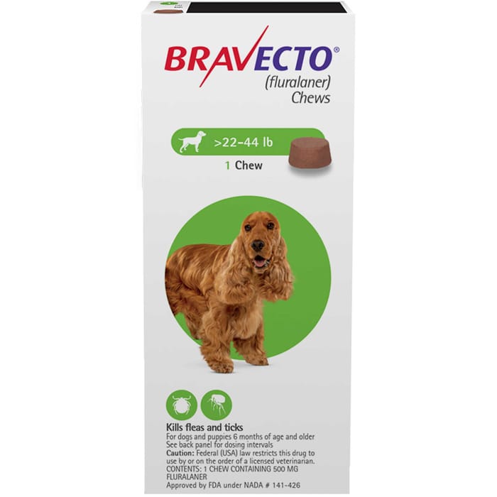 Bravecto Chews for Dogs, 22-44 lbs, 2 treatments, 500 mg Fluralaner product detail number 1.0