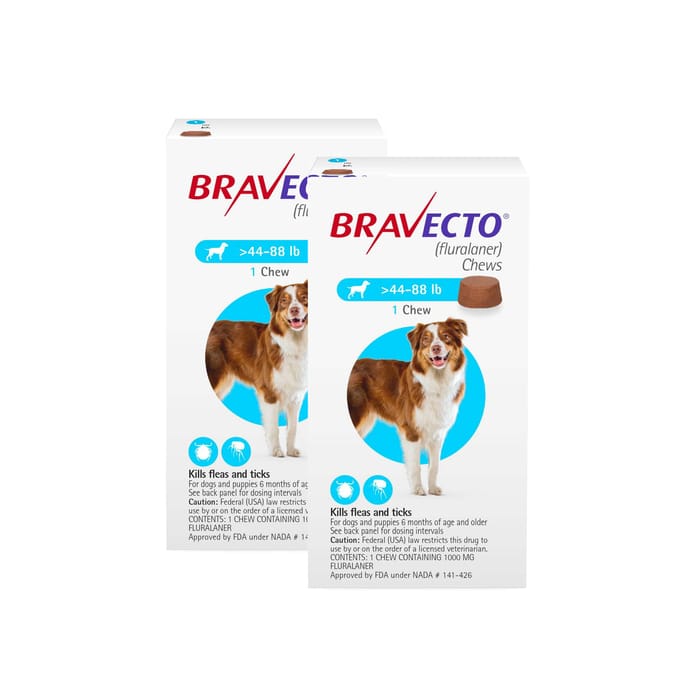 Bravecto Chews for Dogs, 44-88 lbs, 2 treatments, 1000 mg Fluralaner product detail number 1.0