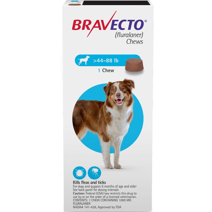Bravecto Chews for Dogs, 44-88 lbs, 4 treatments, 1000 mg Fluralaner product detail number 1.0