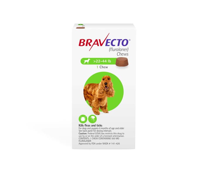 Bravecto Chews for Dogs, 22-44 lbs, 1 treatment, 500 mg Fluralaner product detail number 1.0