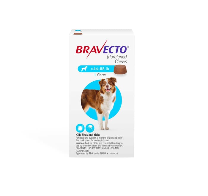 Bravecto Chews for Dogs, 44-88 lbs, 1 treatment, 1000 mg Fluralaner product detail number 1.0