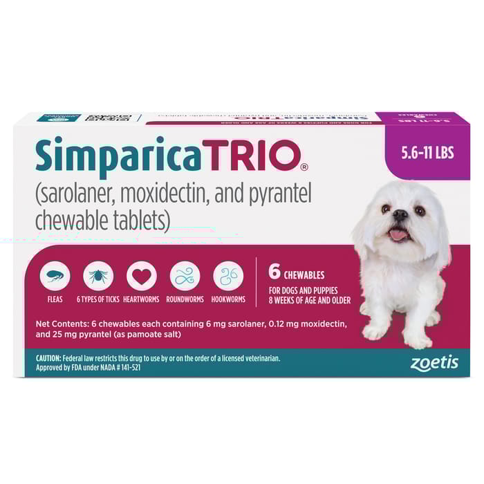 Simparica TRIO - Chewable Tablets for Dogs 6pk 5.6-11 lbs Chew product detail number 1.0