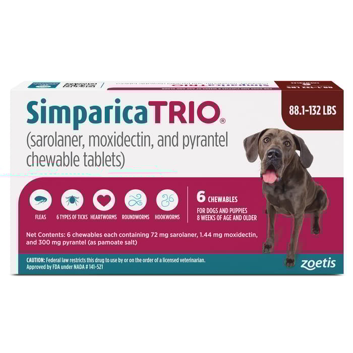 Simparica TRIO - Chewable Tablets for Dogs 6pk 88-132 lbs Chew product detail number 1.0