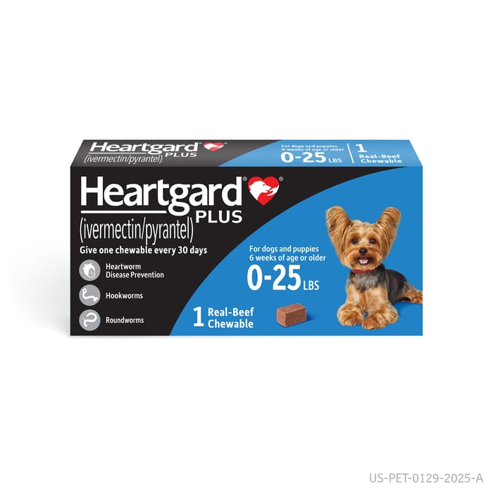 HEARTGARD Plus (ivermectin/pyrantel) Heartworm Disease Preventative Chewables for Dogs up to 25 lbs (Blue Box) - 1pk product detail number 1.0