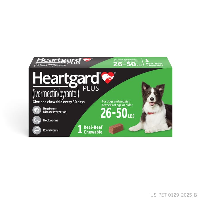 HEARTGARD Plus (ivermectin/pyrantel) Heartworm Disease Preventative Chewables for Dogs 26-50 lbs (Green Box) - 1pk product detail number 1.0