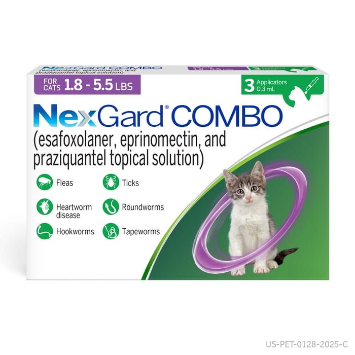 NexGard COMBO Topical Flea & Tick Protection plus Heartworm Disease Preventive for Cats - 1.8-5.5 lbs. (Purple Box) - 3 Month Dose Pack product detail number 1.0