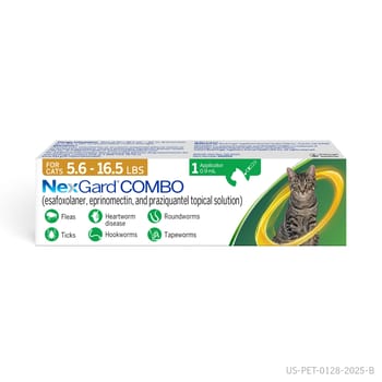 NexGard COMBO Topical Flea & Tick Protection plus Heartworm Disease Preventive for Cats - 5.6-16.5 lbs. (Yellow Box) - 1 Month Dose Pack-product-tile