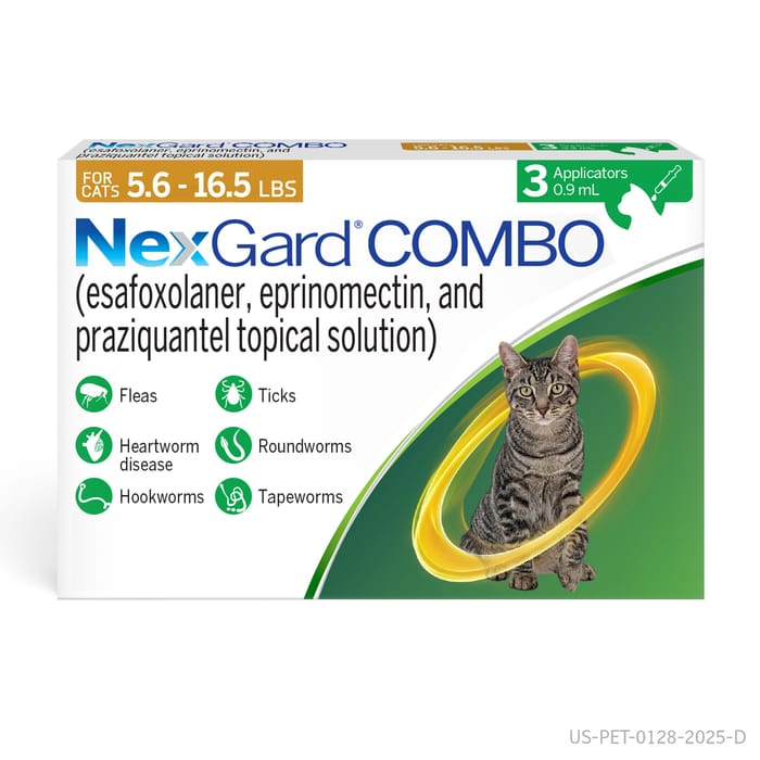 NexGard COMBO Topical Flea & Tick Protection plus Heartworm Disease Preventive for Cats - 5.6-16.5 lbs. (Yellow Box) - 3 Month Dose Pack product detail number 1.0