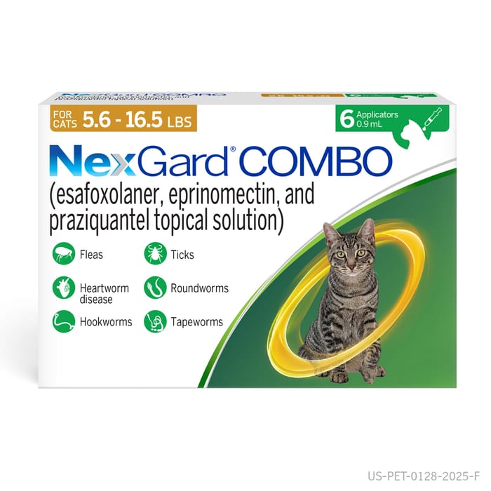 NexGard COMBO Topical Flea & Tick Protection plus Heartworm Disease Preventive for Cats - 5.6-16.5 lbs. (Yellow Box) - 6 Month Dose Pack product detail number 1.0