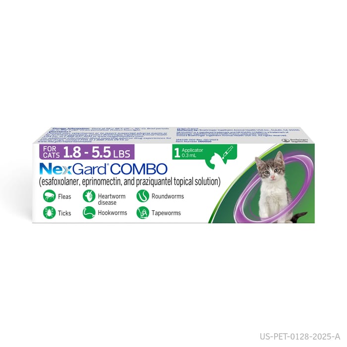 NexGard COMBO Topical Flea & Tick Protection plus Heartworm Disease Preventive for Cats - 1.8-5.5 lbs. (Purple Box) - 1 Month Dose Pack product detail number 1.0