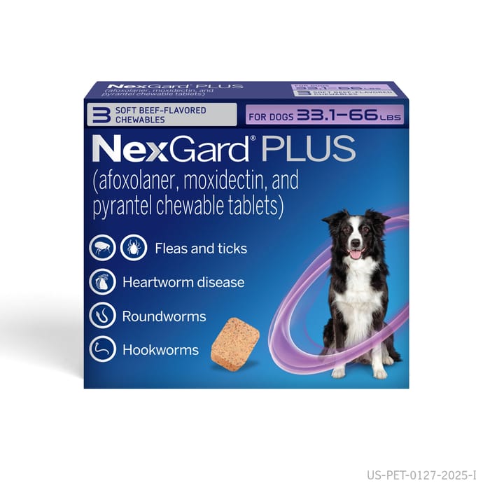 NexGard Plus - Flea, Tick, & Broad Spectrum Prevention Chewable Tablet for Dogs 33.1 to 66 lbs. (Purple Box) 3 Chews (3 Month Supply) product detail number 1.0