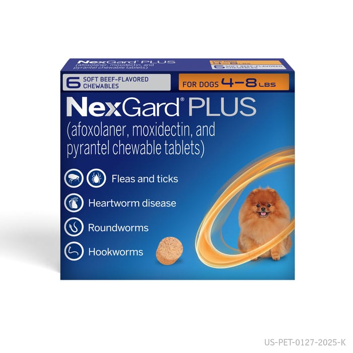 NexGard Plus - Flea, Tick, & Broad Spectrum Prevention Chewable Tablet for Dogs 4 to 8 lbs. (Orange Box) 6 Chews (6 Month Supply) product detail number 1.0