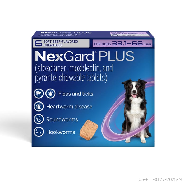 NexGard Plus - Flea, Tick, & Broad Spectrum Prevention Chewable Tablet for Dogs 33.1 to 66 lbs. (Purple Box) 6 Chews (6 Month Supply) product detail number 1.0