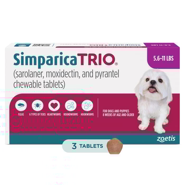 Simparica TRIO - Chewable Tablets for Dogs 3pk 5.6-11.0 lbs Chew product detail number 1.0