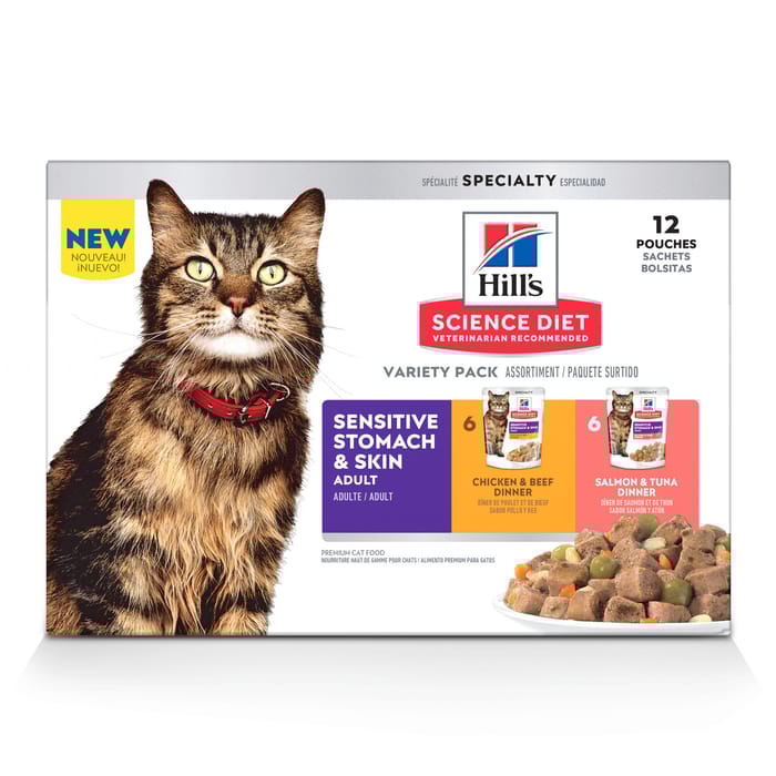 Hill's Science Diet Adult Sensitive Stomach & Skin Variety Pack, Chicken & Beef, Salmon, Tuna Wet Cat Food Pouches - 2.8 oz. Pouches - Pack of 12 product detail number 1.0