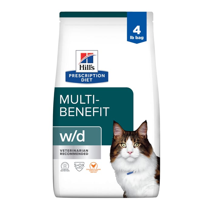 Hill's Prescription Diet w/d Multi-Benefit Digestive + Weight + Glucose + Urinary Management Chicken Flavor Dry Cat Food - 4 lb Bag product detail number 1.0