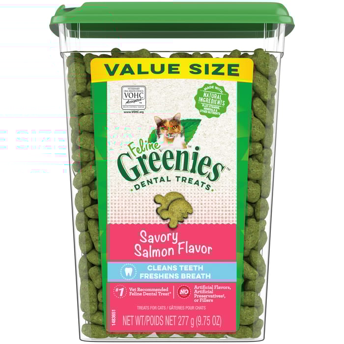 Greenies Adult Dental Cat Treats Savory Salmon Flavor - 9.75 oz Tub product detail number 1.0