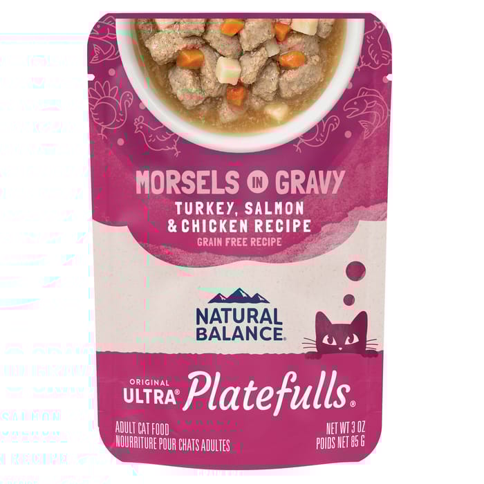 Natural Balance Original Ultra Platefulls Indoor Turkey, Salmon & Chicken Recipe in Gravy Wet Cat Food 24 3oz pouches product detail number 1.0
