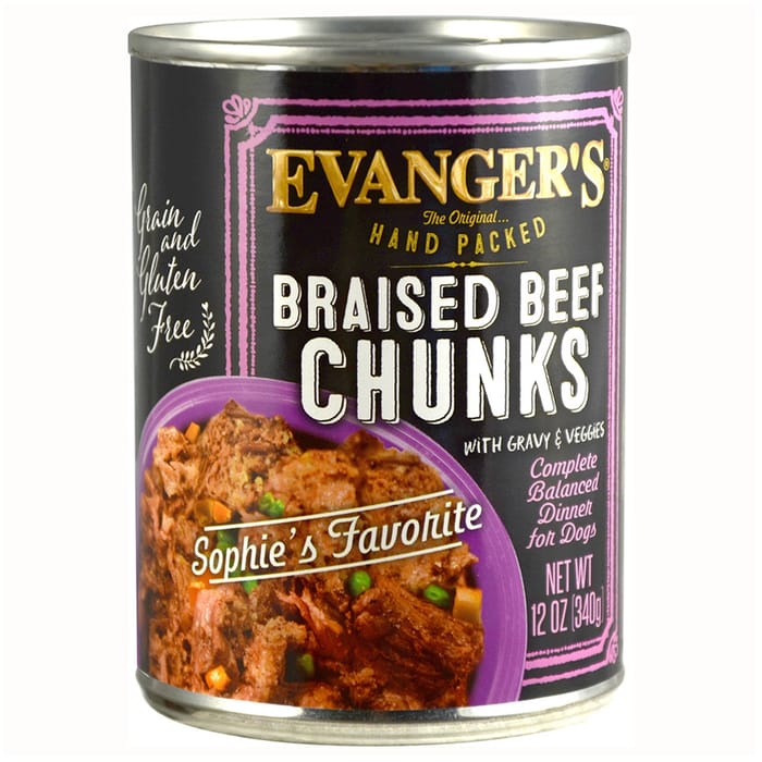 Evanger's Hand Packed Grain Free Braised Beef Chunks with Gravy Canned Dog Food 12-oz, case of 12 product detail number 1.0