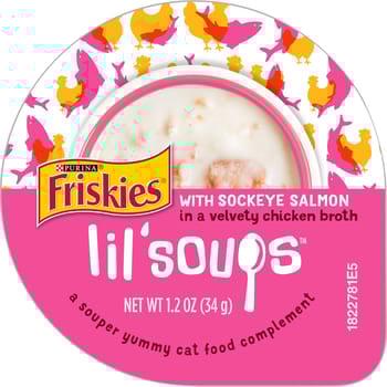 Friskies Lil' Soups with Sockeye Salmon in a Velvety Chicken Broth Cat Food Compliment Topper 1.2 oz - Case of 8-product-tile